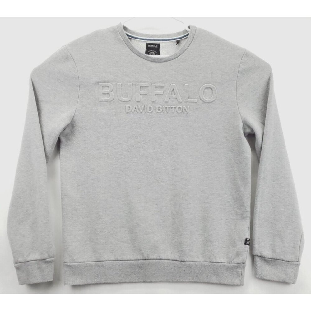Buffalo David Bitton Sweater Mens Large Gray Cotton Raised Spellout Crew Neck